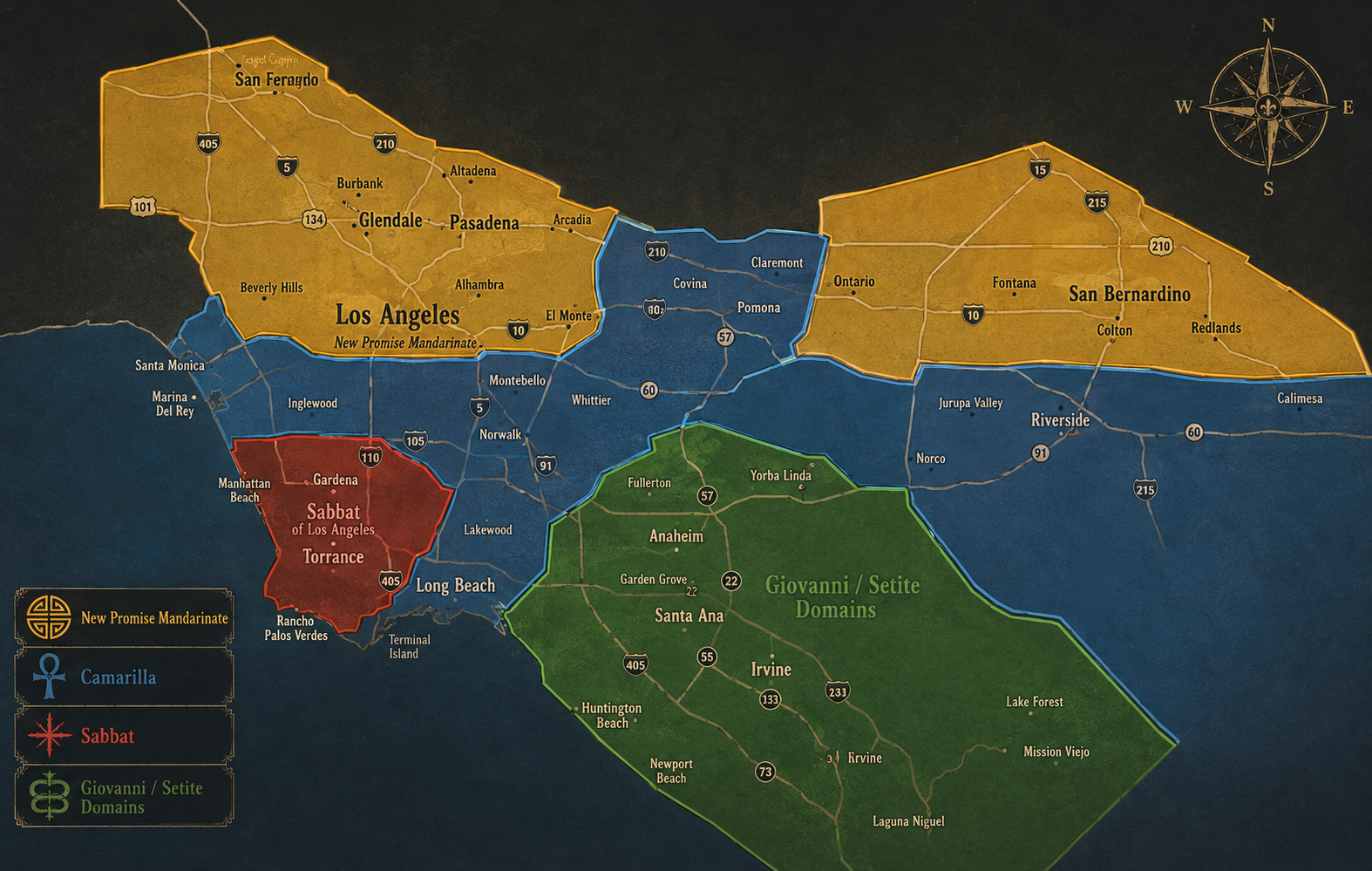 Los Angeles by Night domain map showing New Promise Mandarinate, Camarilla, Sabbat of Los Angeles, and Giovanni / Setite domains.